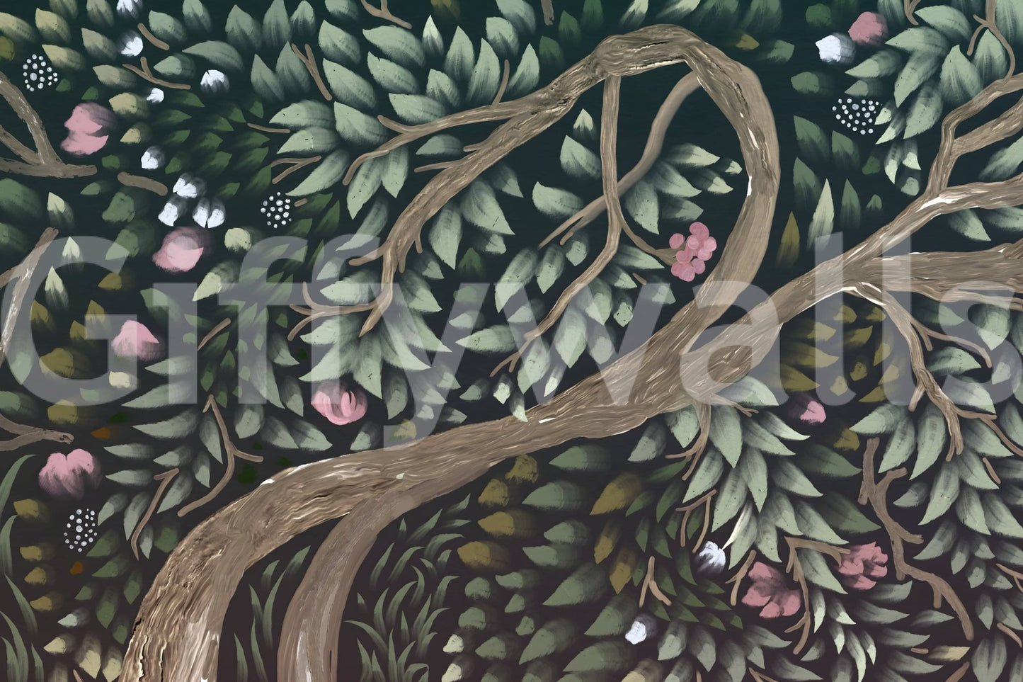 Forest mural for entryway, natural trees backdrop, clean home styling