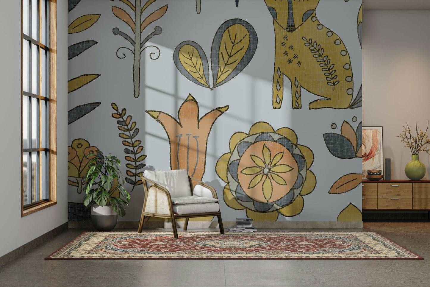 Neutral gray and gold meadow wallpaper for a modern guest suite.