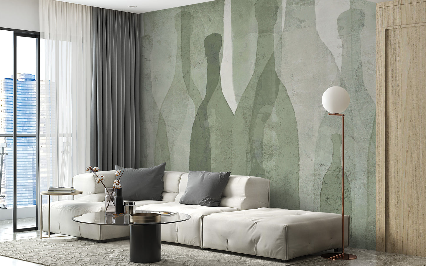 Stylish watercolor bottle mural with subtle fresh tones