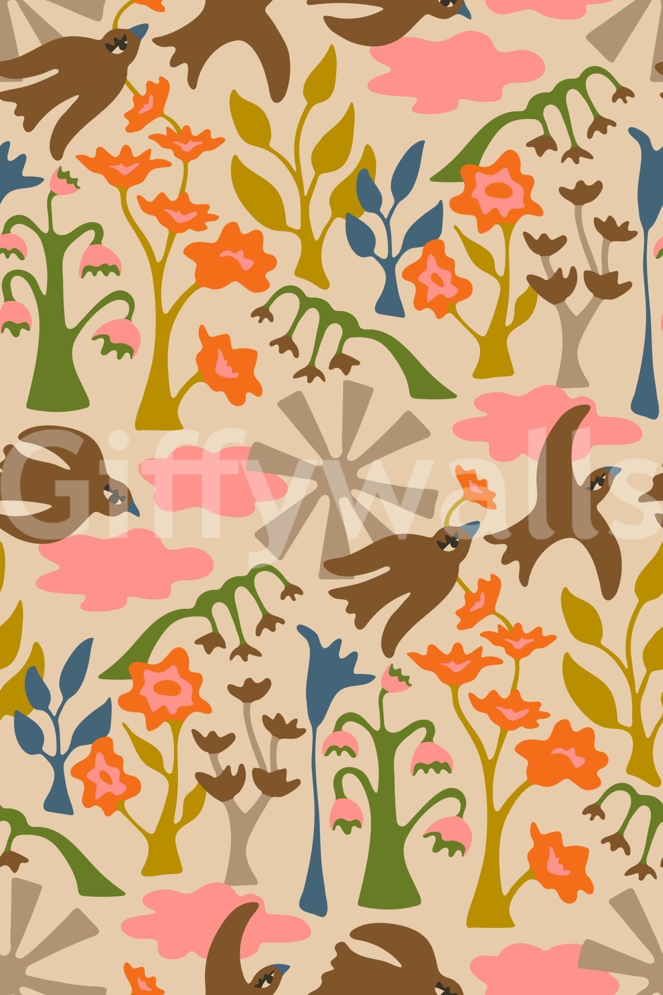 Garden-themed wallpaper with cheerful birds and blooms