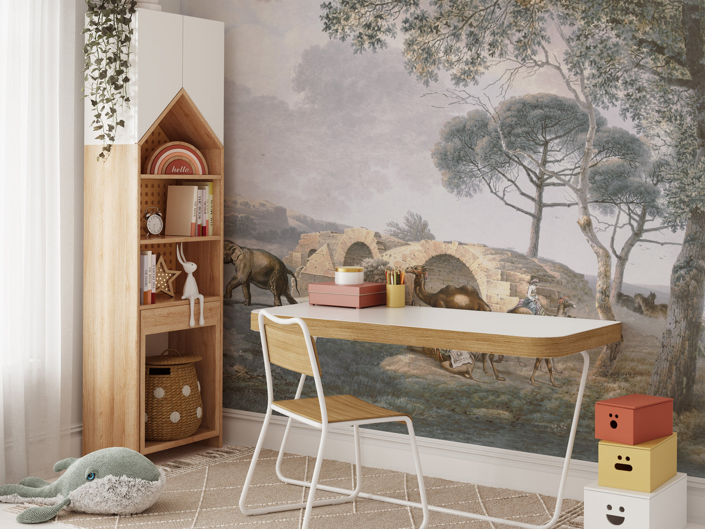 Beautiful garden mural with camels and birds in a peaceful setting.