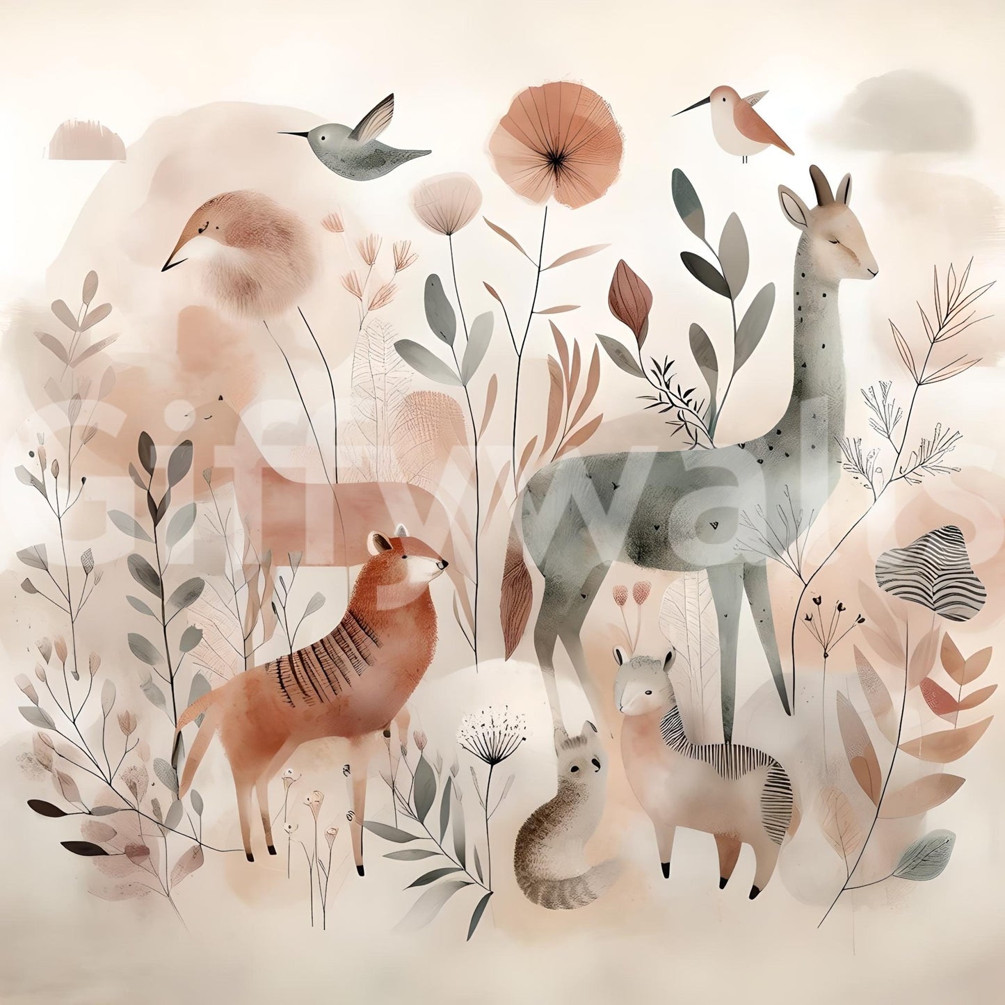 Softly colored woodland safari mural adding a nature-filled touch.