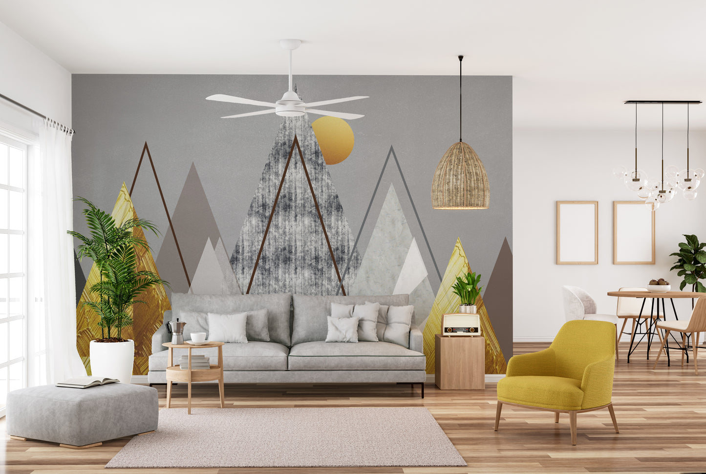 Creative geometric mural with abstract designs for trendy spaces.