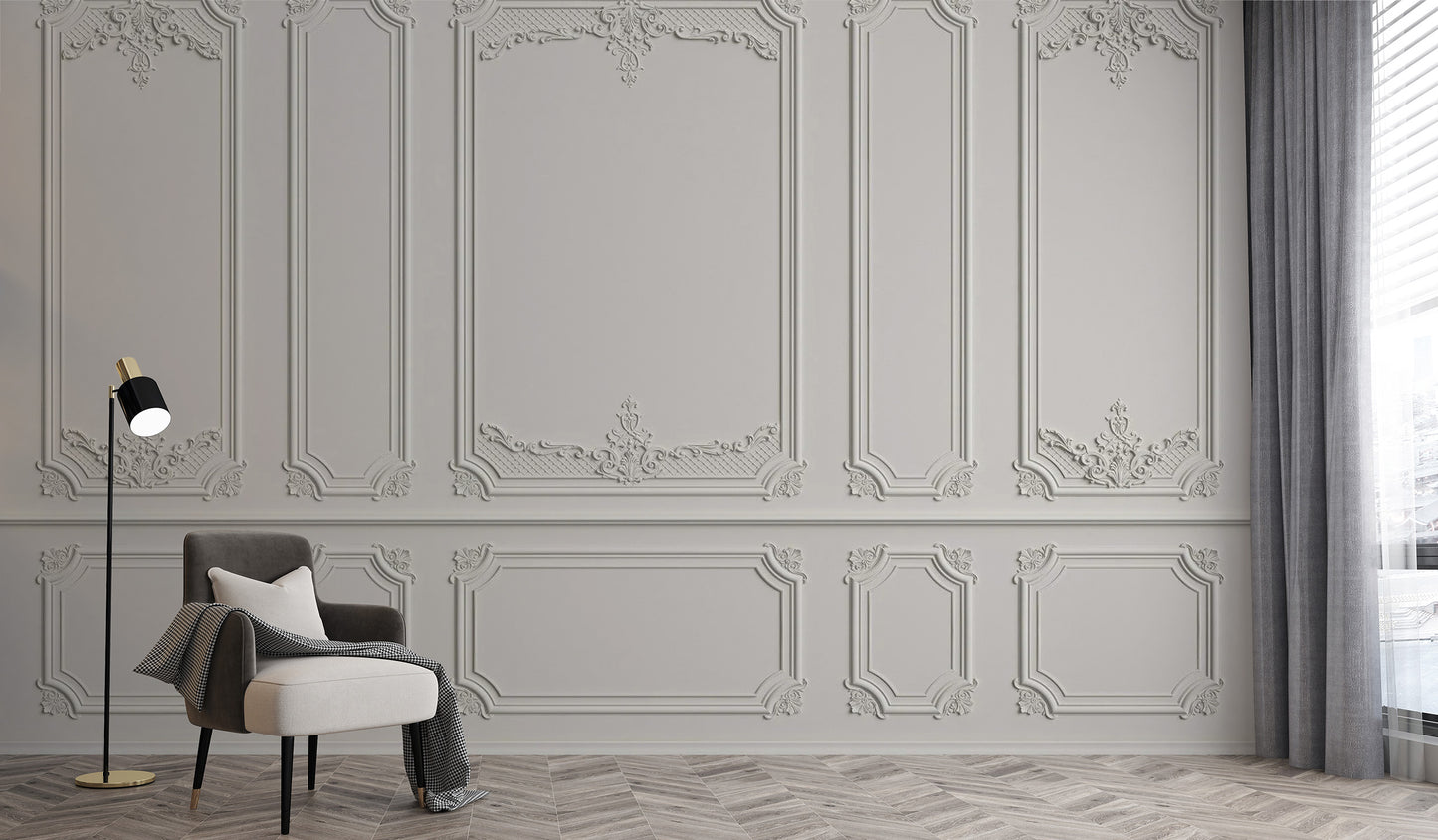Georgian-inspired white molding wallpaper mural
