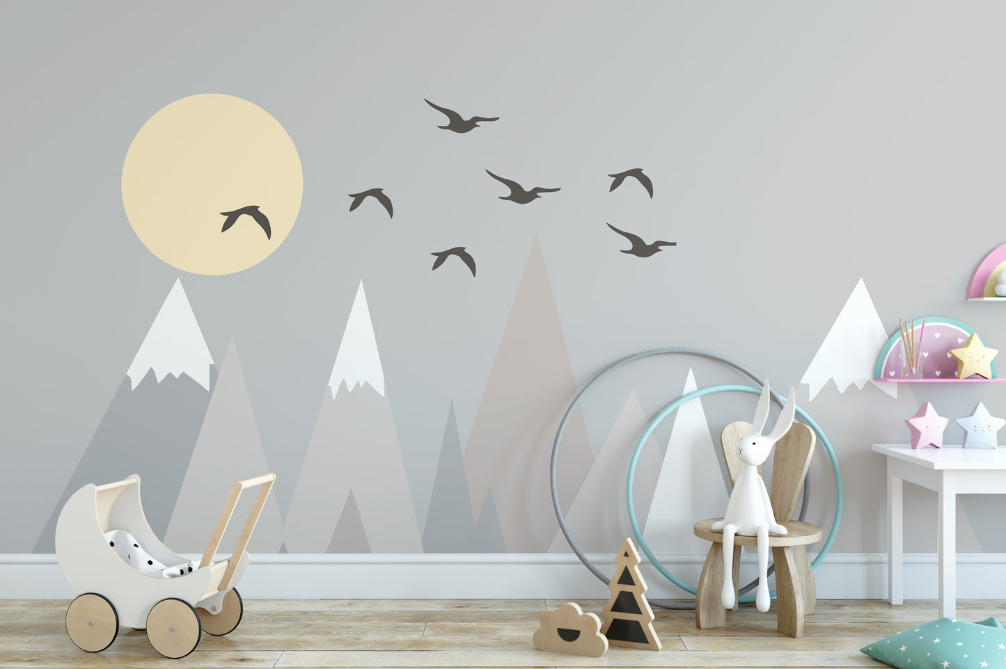 Contemporary wallpaper mural with glorious grey mountain scenery.