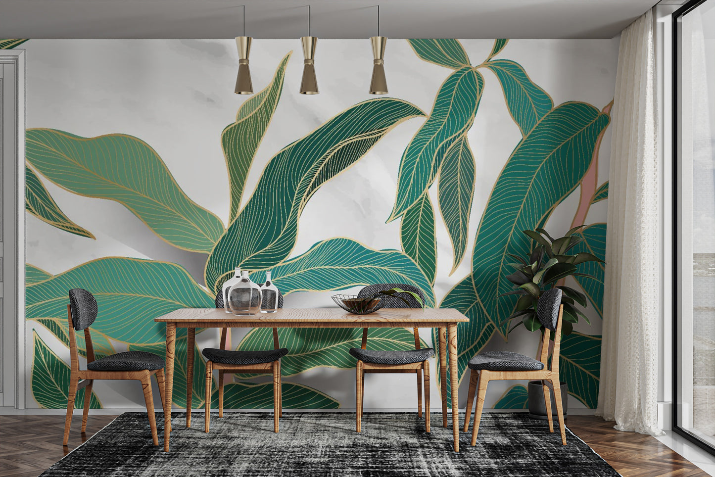 Stylish Tropical Gold Rimmed Leaves Mural