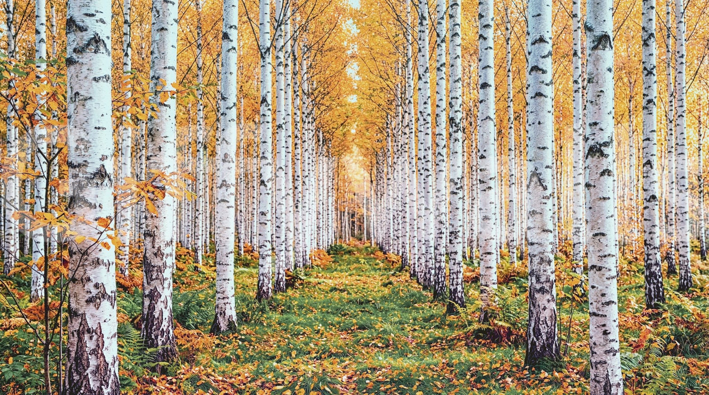 Autumn forest wall mural with golden birch rows and a green woodland floor