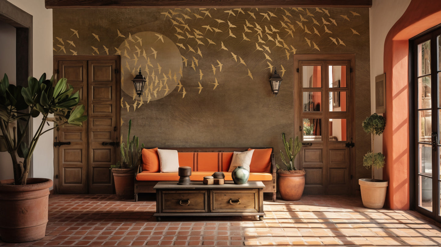 Artistic Golden Birds in Flight Mural