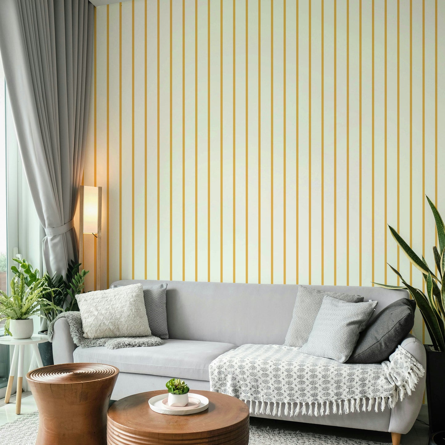 Cheerful yellow wallpaper in vertical stripe pattern
