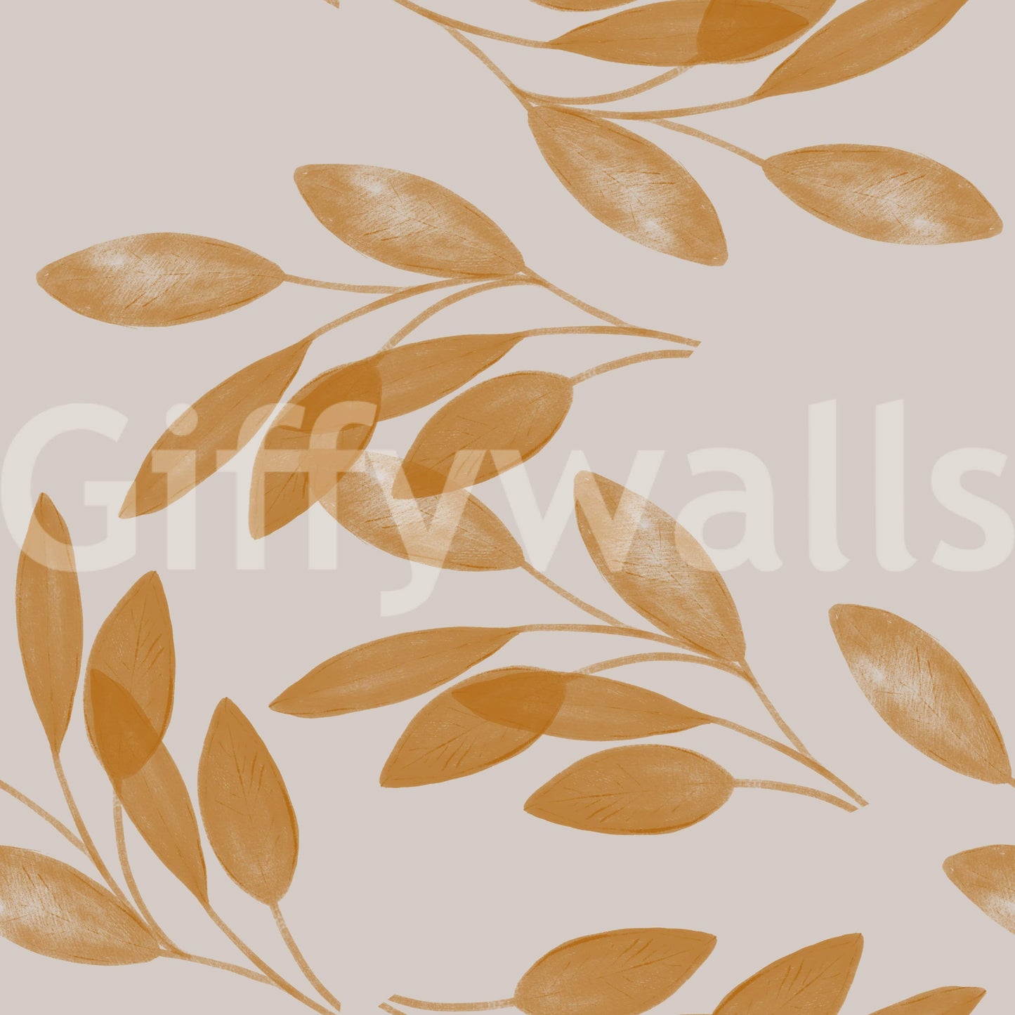 Golden leafy branches scattered across a calm beige wallpaper for a warm, earthy vibe.