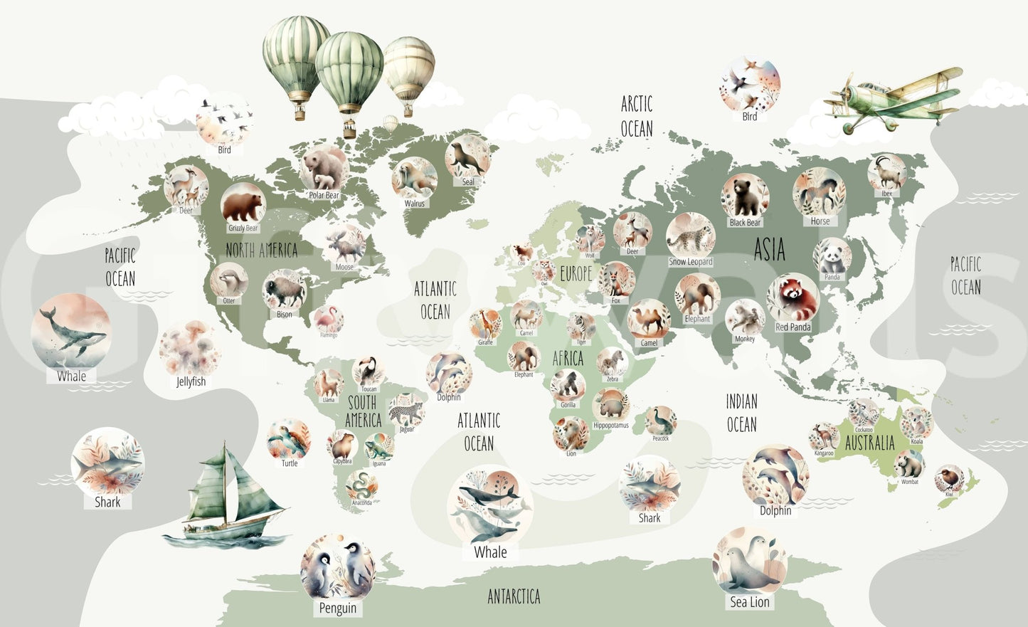 World map wallpaper in hallway, green accents and clean layout for modern wall decor