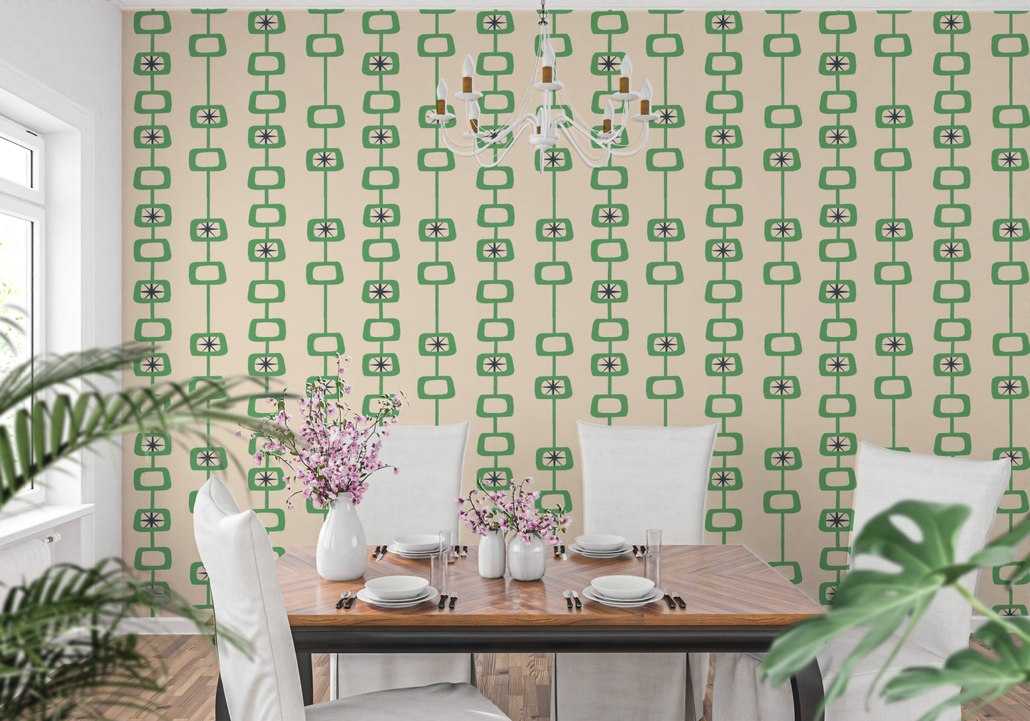 Green Linen Mid Century Atomic Orbs Wallpaper with orbs