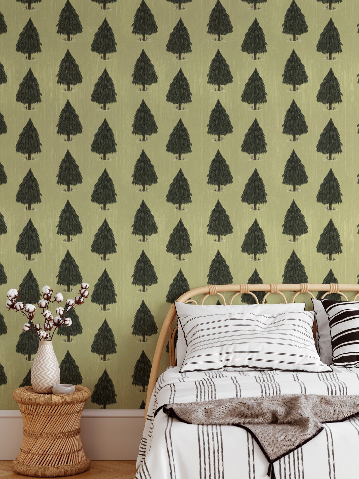 Artistic green pine trees wallpaper for unique and rustic spaces.