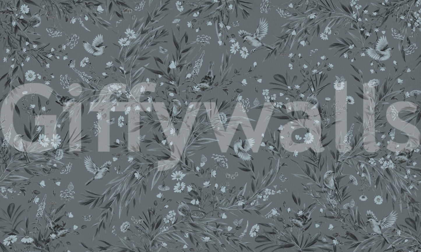 Grey Floral Aviary Wall Mural