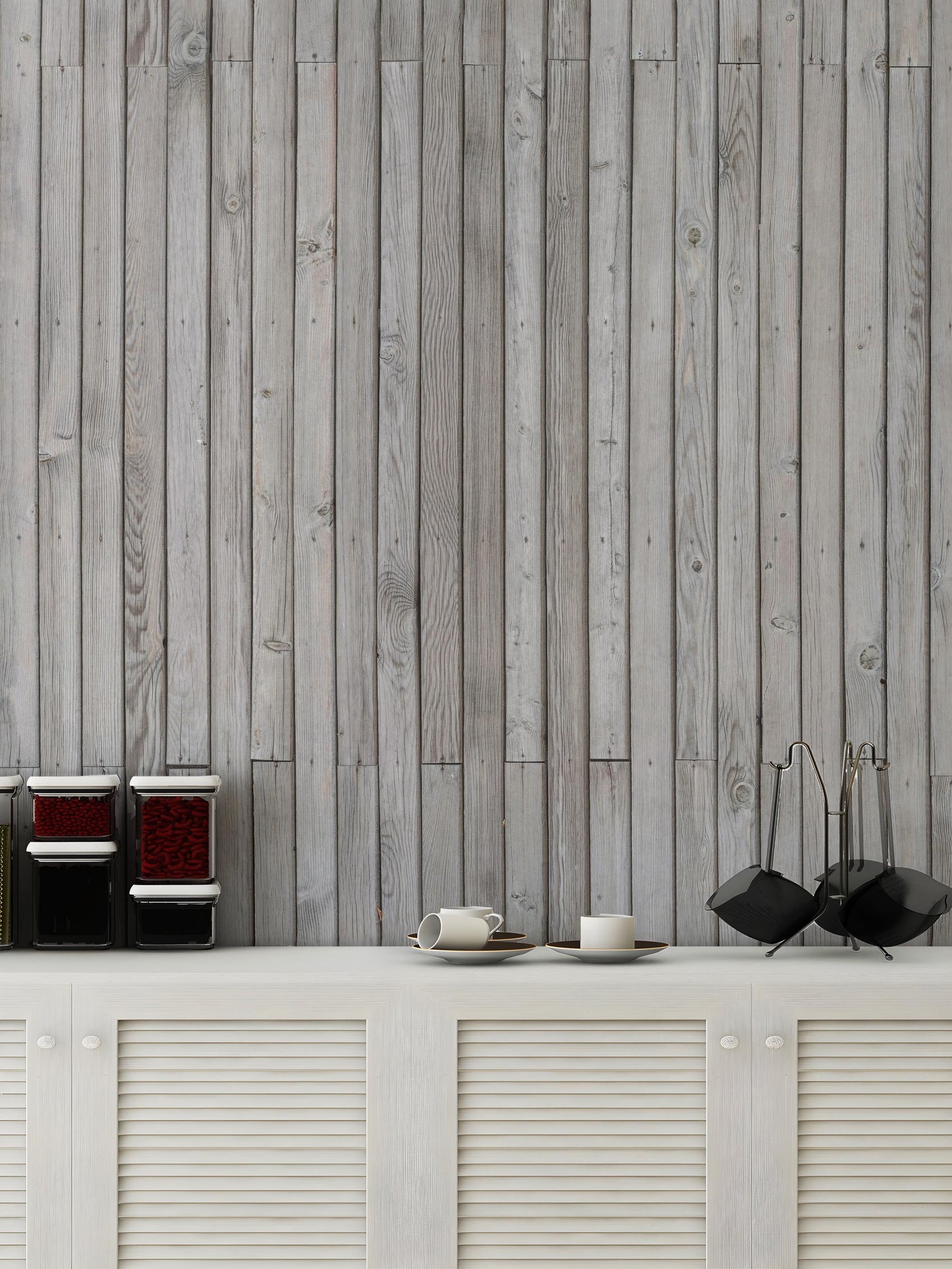 Modern grey wood lining mural for contemporary wall design.