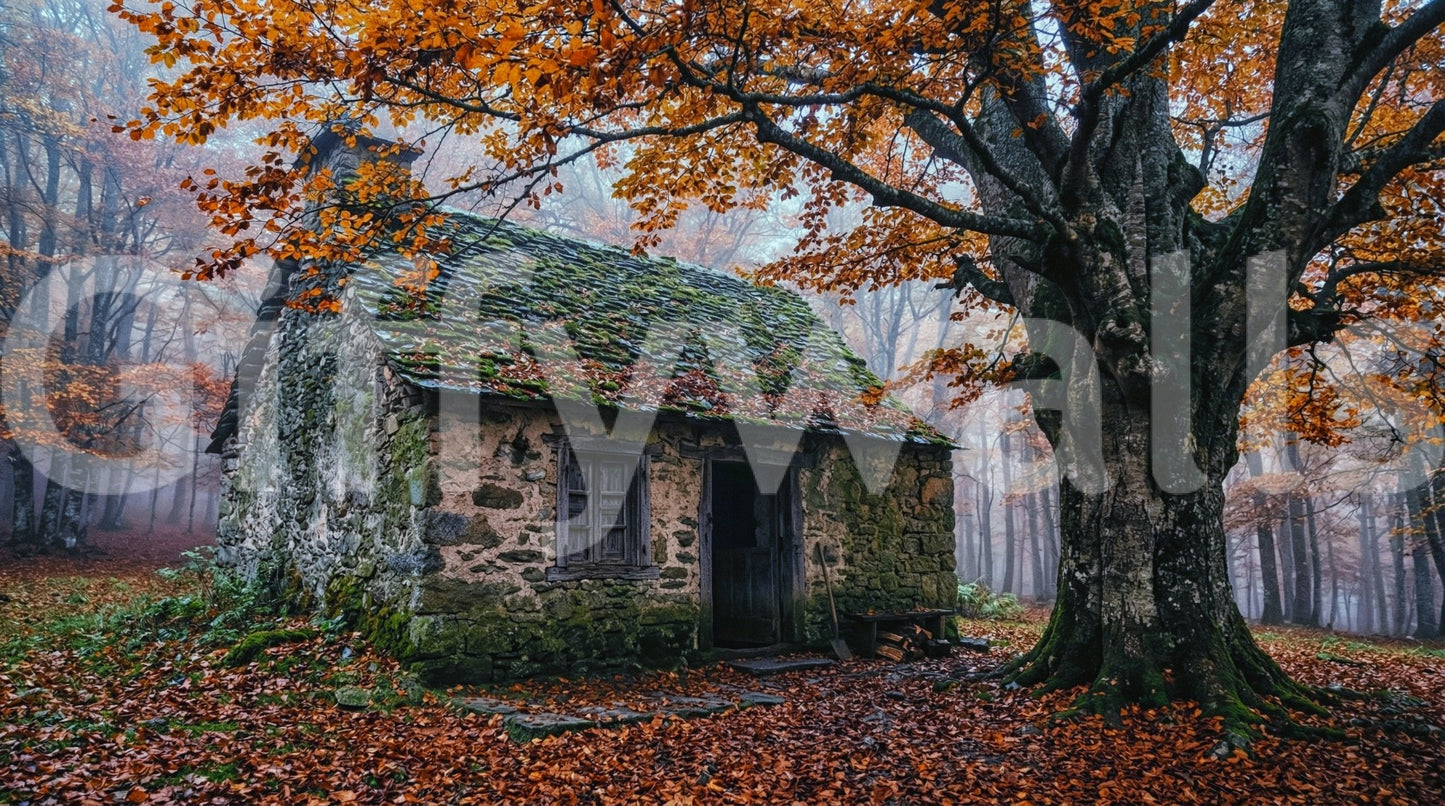 Misty autumn wall mural with an old cottage, mossy roof, and earthy forest tones