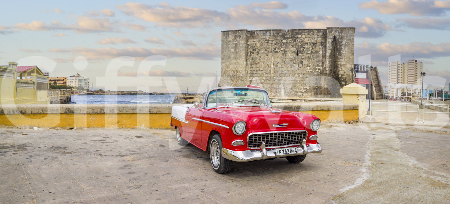 Entryway mural with Havana vintage car, travel photography style, warm color palette