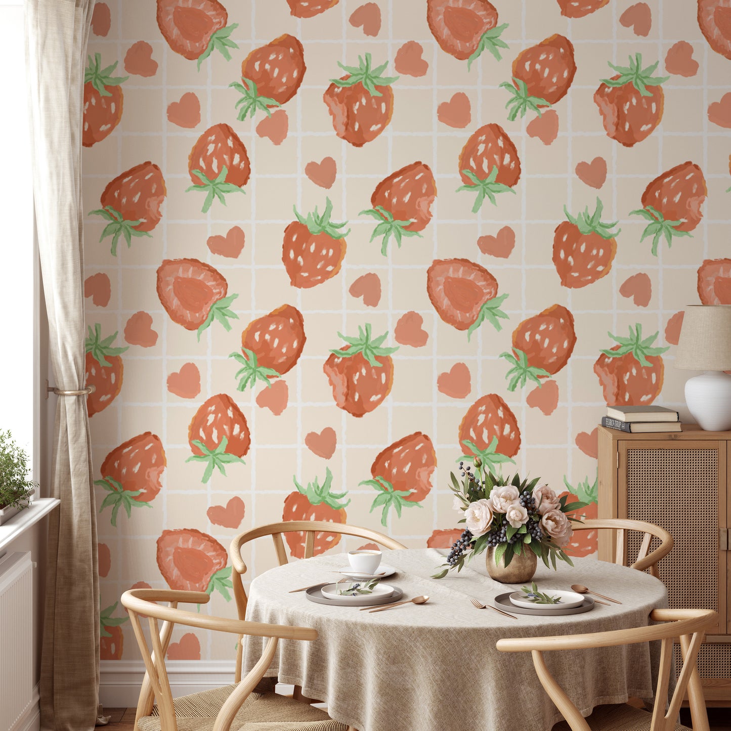 Sophisticated heartful strawberries wallpaper for modern interiors.