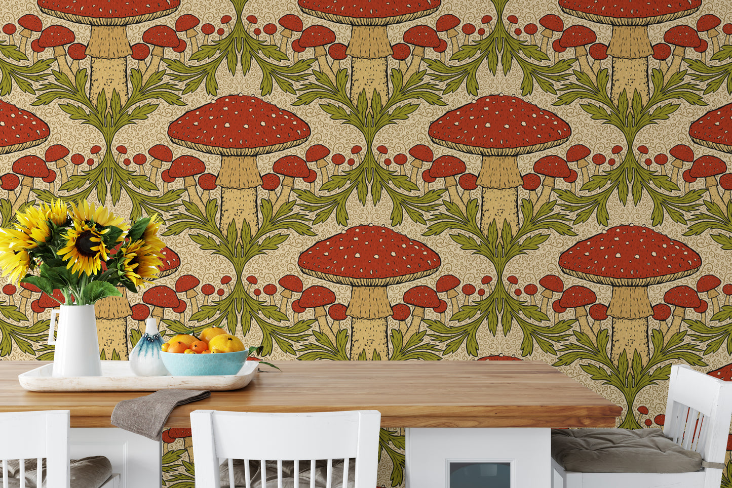 Vibrant heritage mushroom wallpaper in red for lively, dynamic walls.