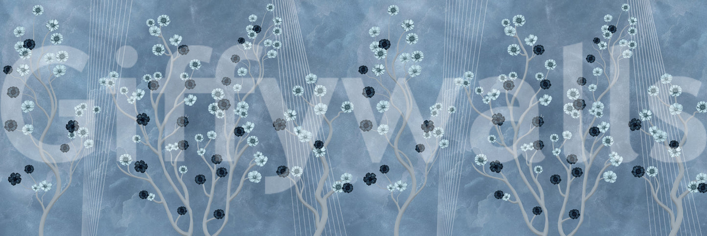 Minimal lounge with indigo mural, cool colour depth and calm