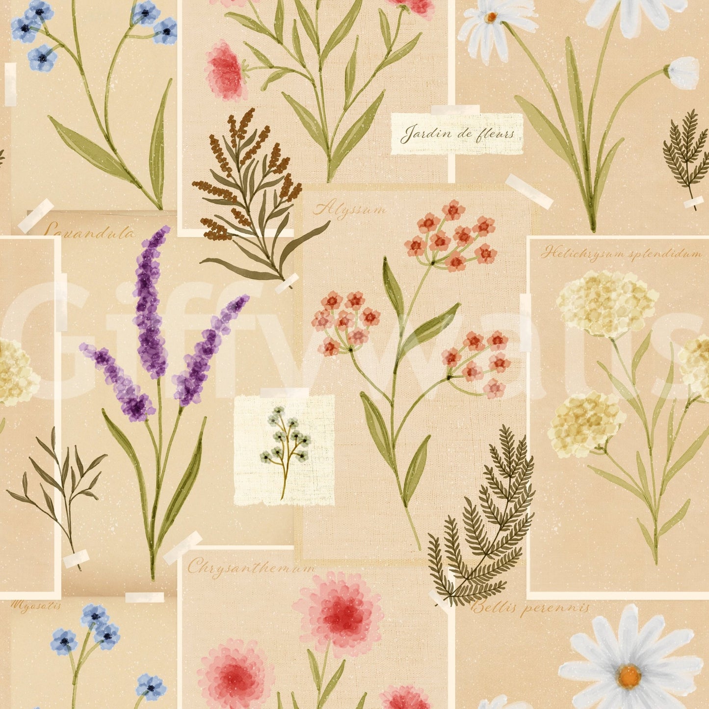 Floral collage wallpaper with soft pastel botanical illustrations