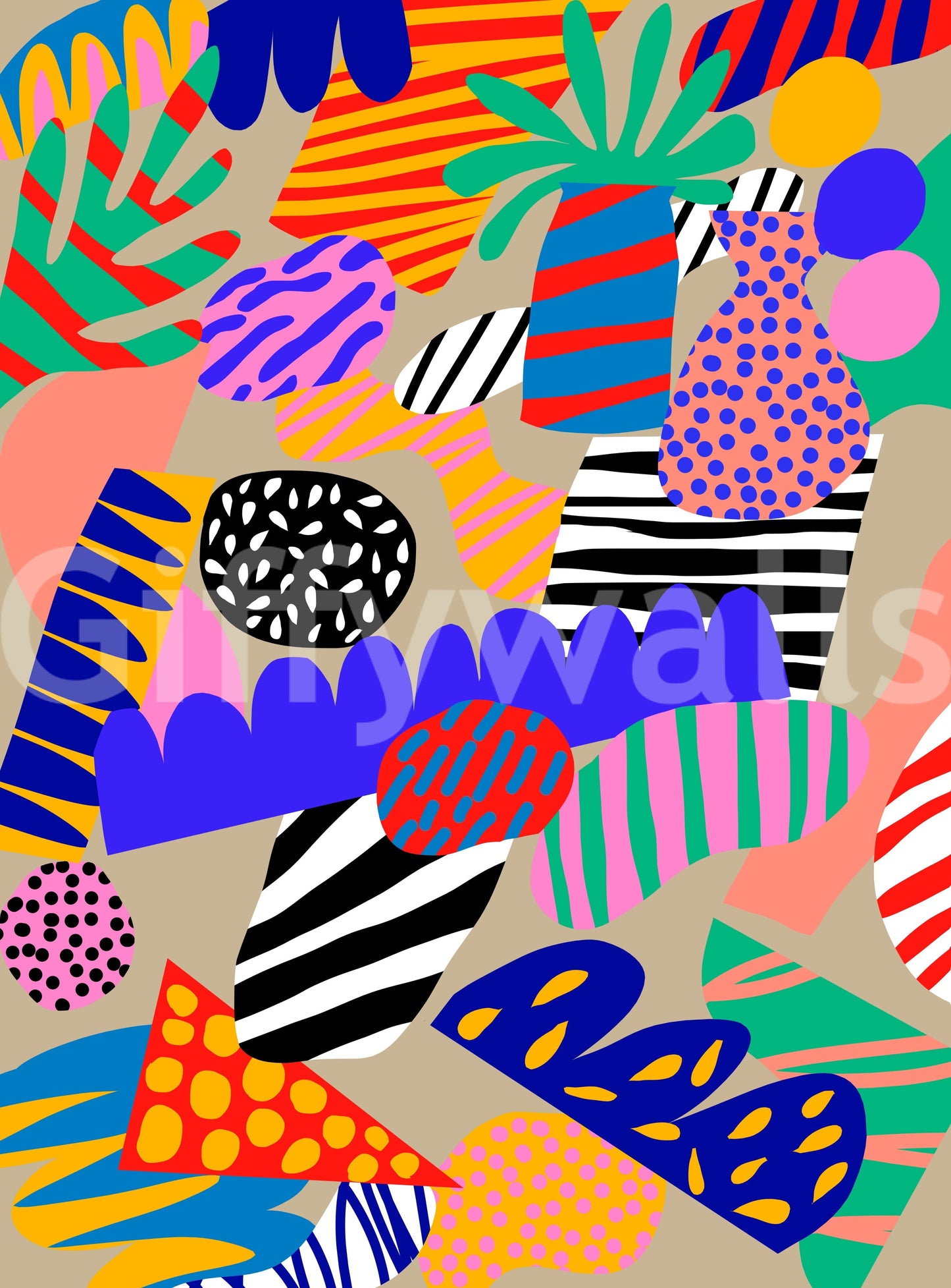 A dynamic wallpaper packed with eclectic tropical shapes and bright abstract designs for a jungle jive vibe.
