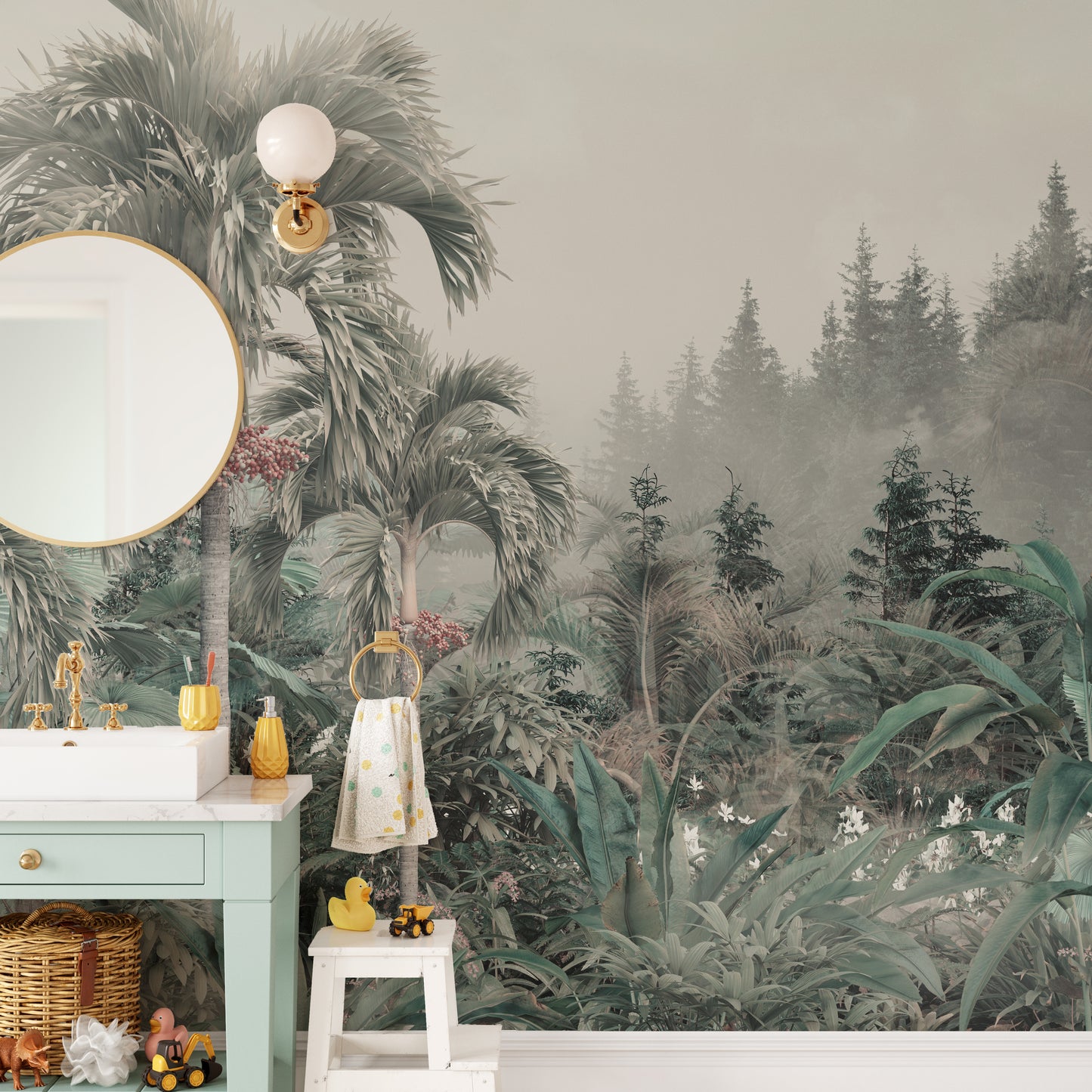 Serene green jungle wall mural design