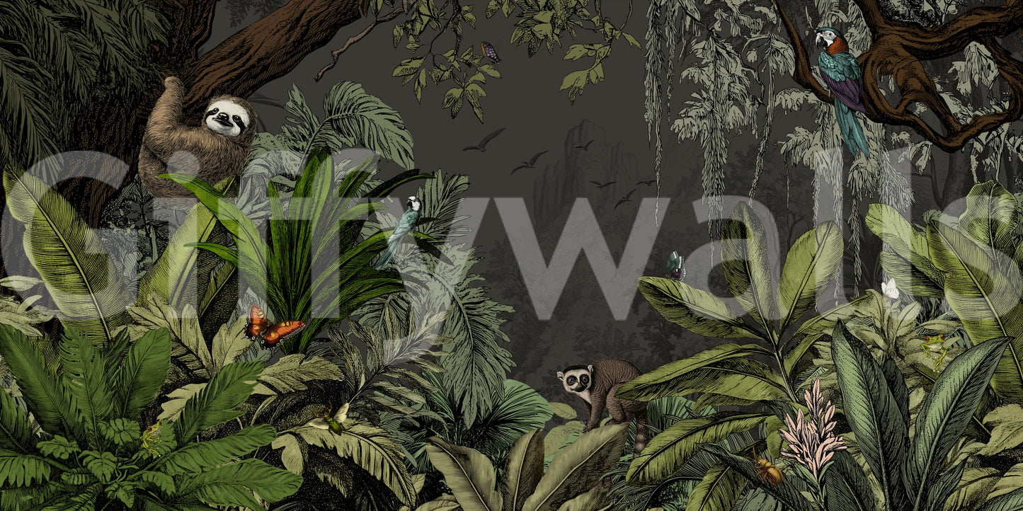 Subtle, moonlit jungle mural design for a serene, nature-filled room.