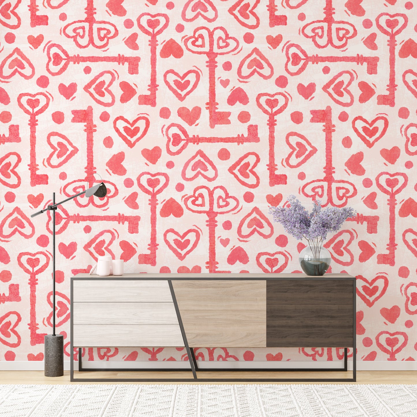 Patterned wallpaper with pink hearts and keys