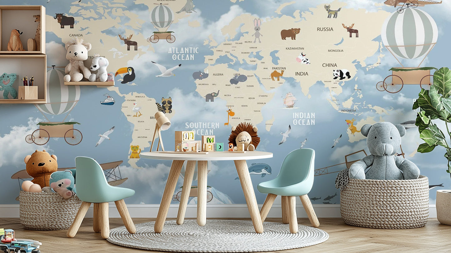 Adventure-themed nursery map wallpaper mural