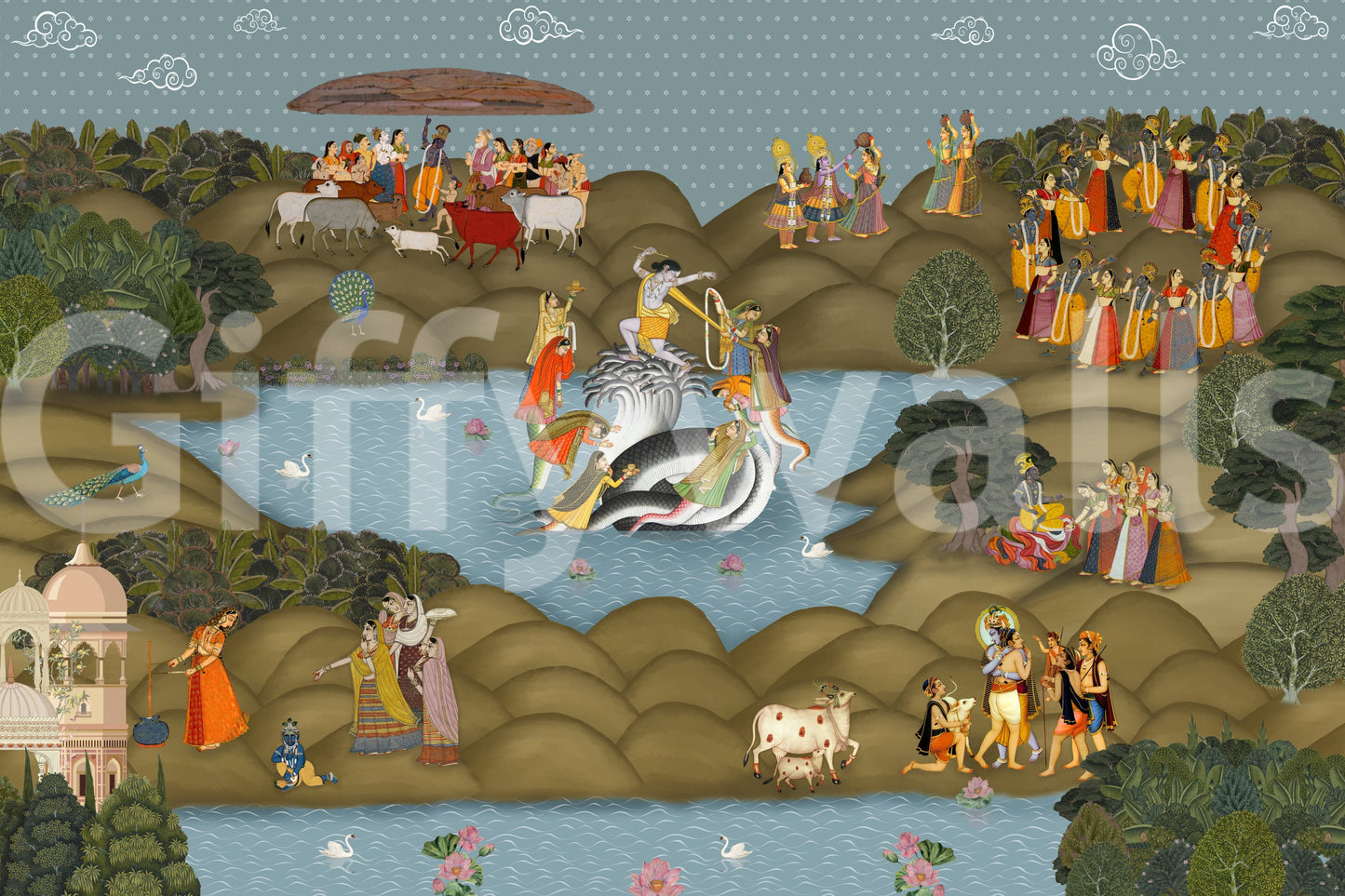 Kaliya Mardan Saga mural styled with warm lighting and wood décor