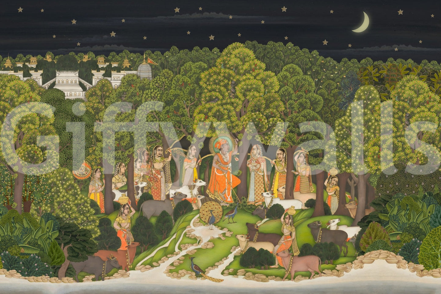 Heritage mythology wall mural with Forest Night, figures, and wildlife