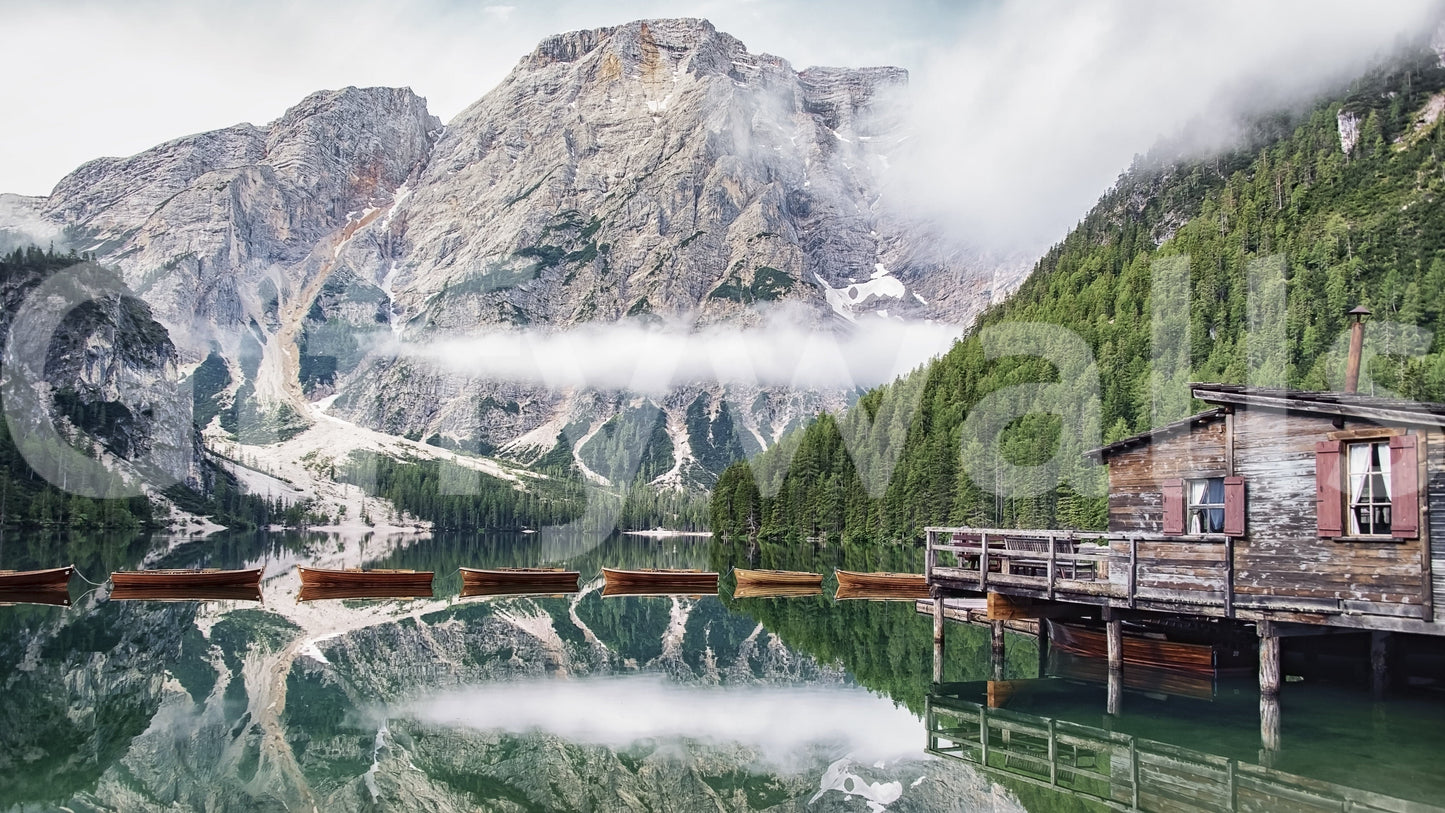 Rustic shelter, Lake Braies Calm, inspiring wall covering mural.