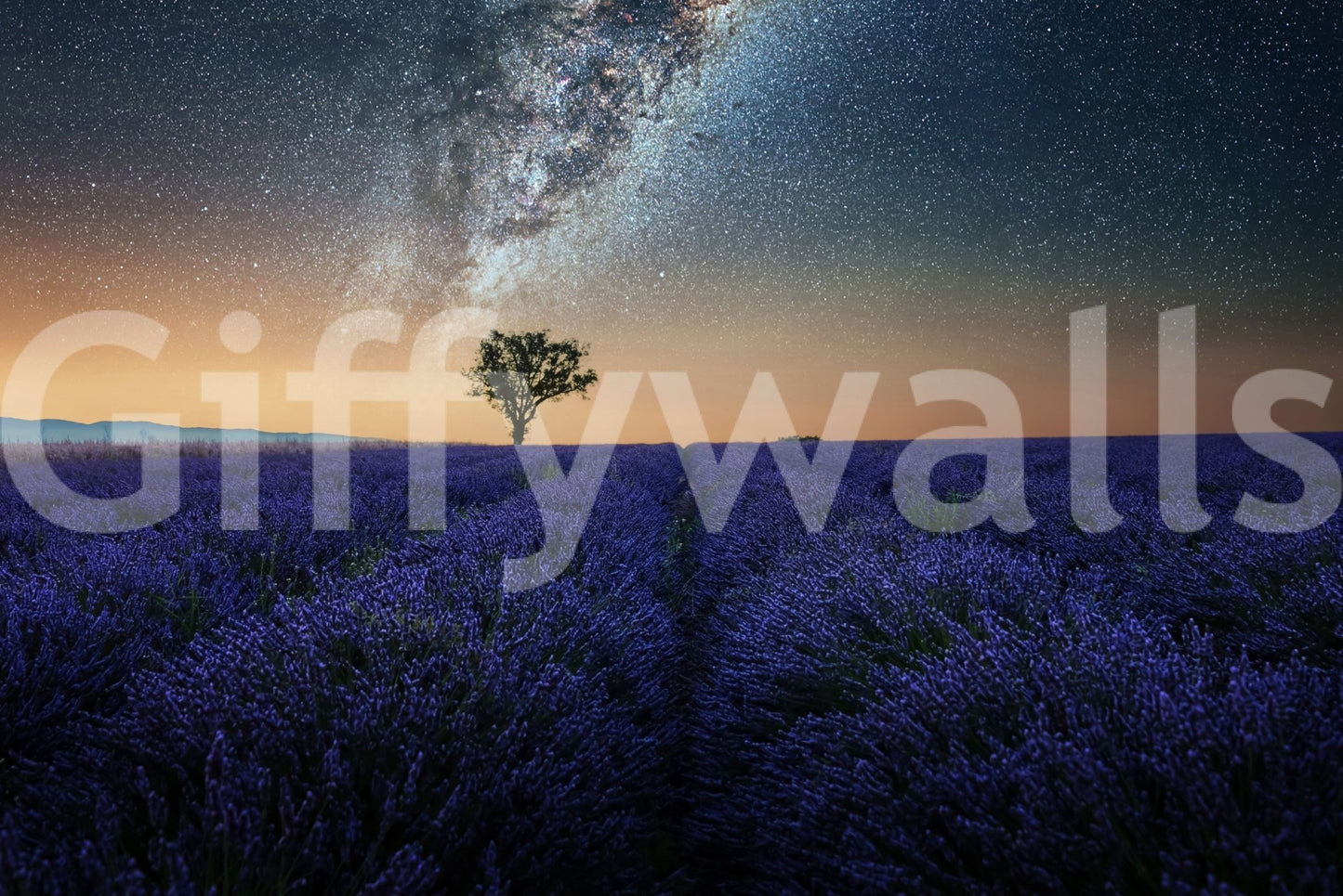 Scenic night wall mural highlights purple fields