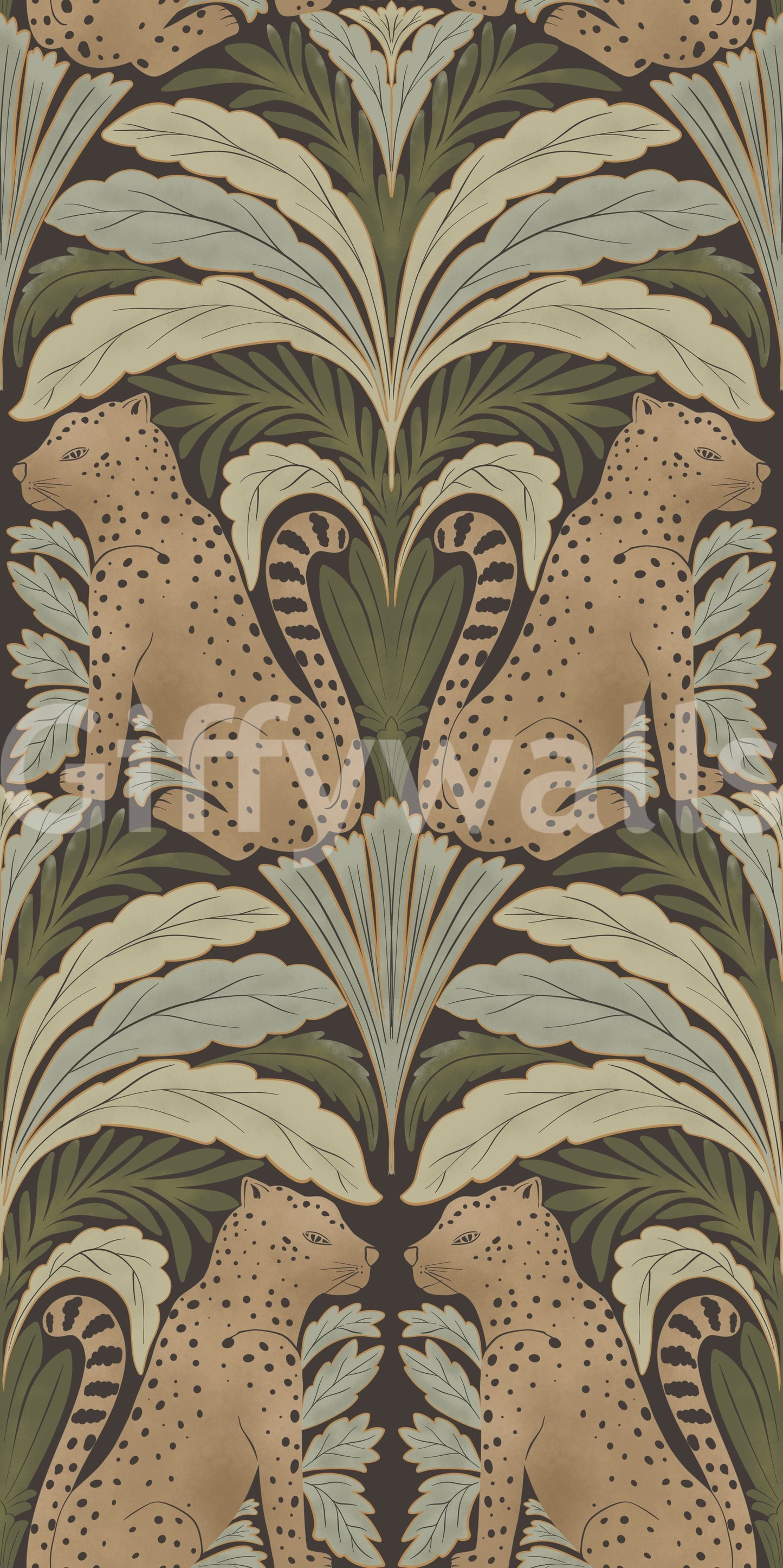 Symmetry botanical wallpaper in studio apartment living area, subtle leopard focal