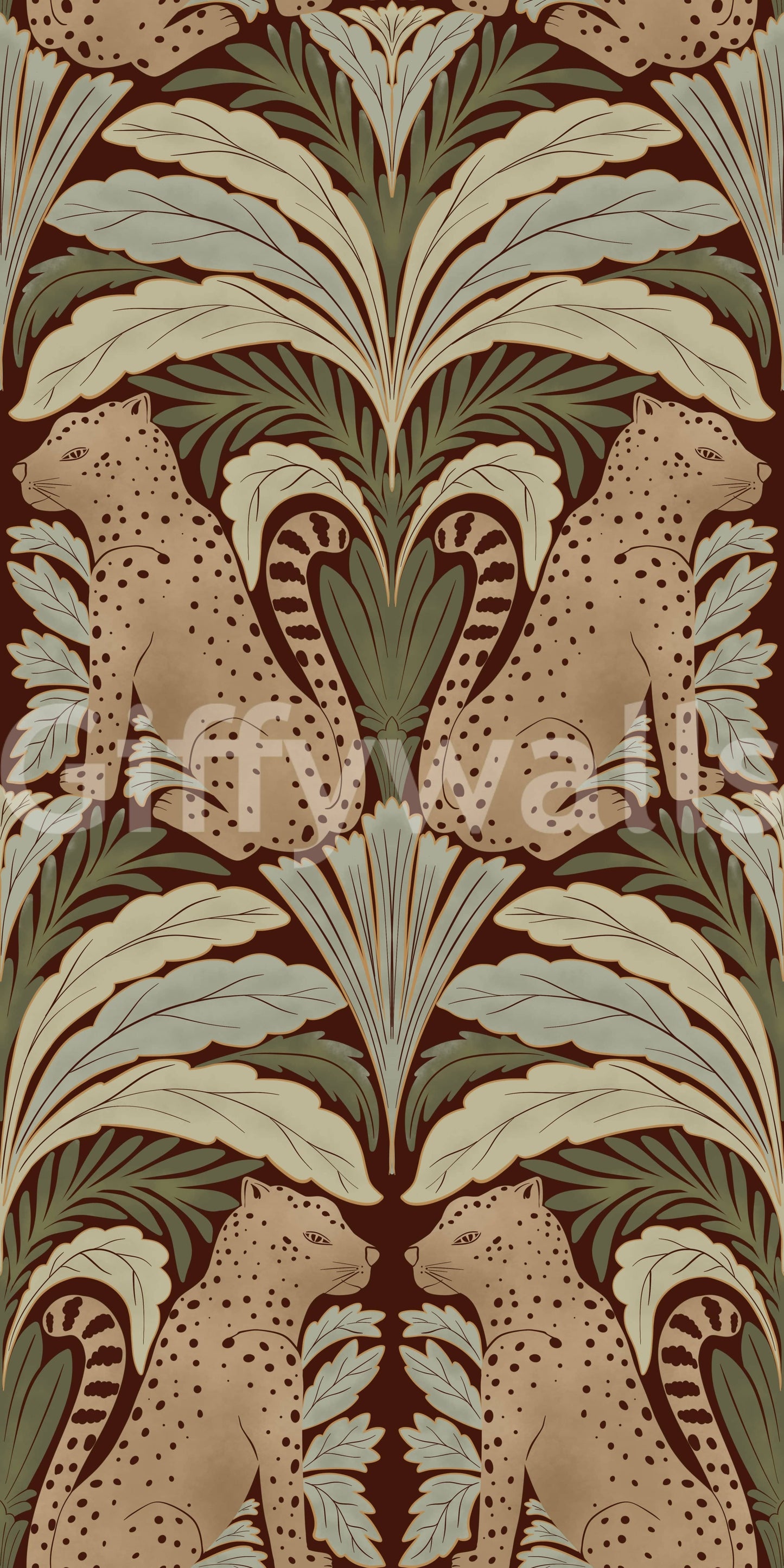 Leafy leopard wallpaper on staircase wall, modern apartment interior decor