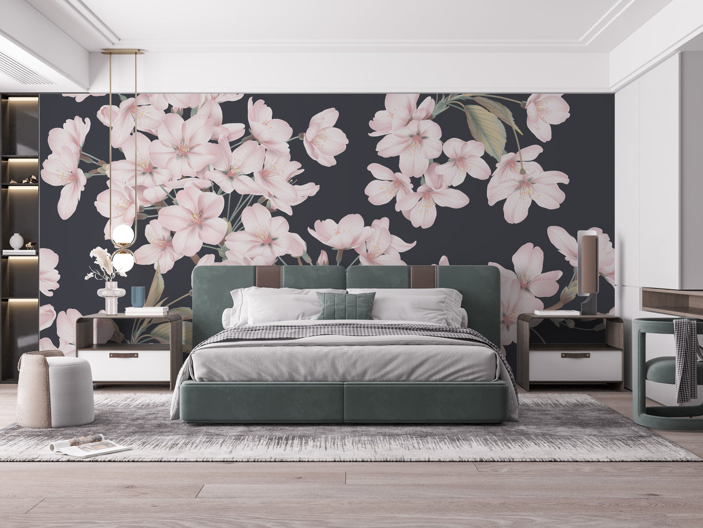 Romantic floral mural featuring pink flowers