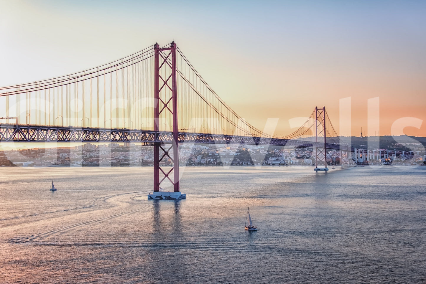 Lisbon cityscape mural for office wall, clean modern style, soft color tones