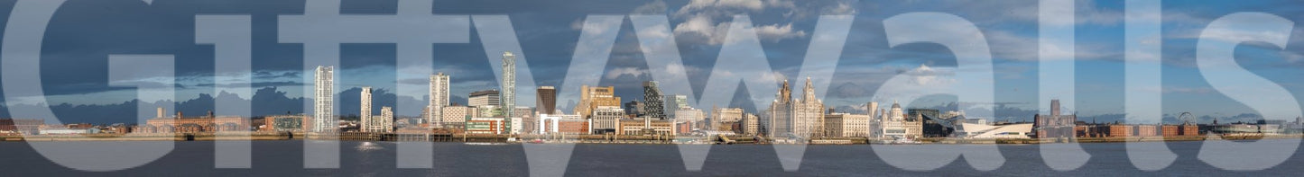 Liverpool skyline mural in studio apartment, modern wall decor, crisp white surround
