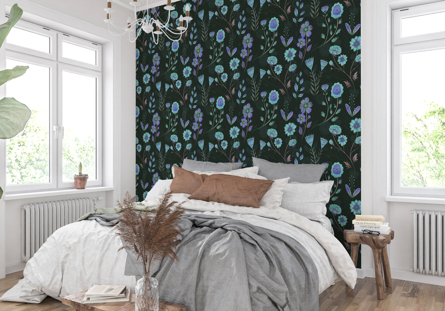 Lysende blomster hvisker blålige toner tapet