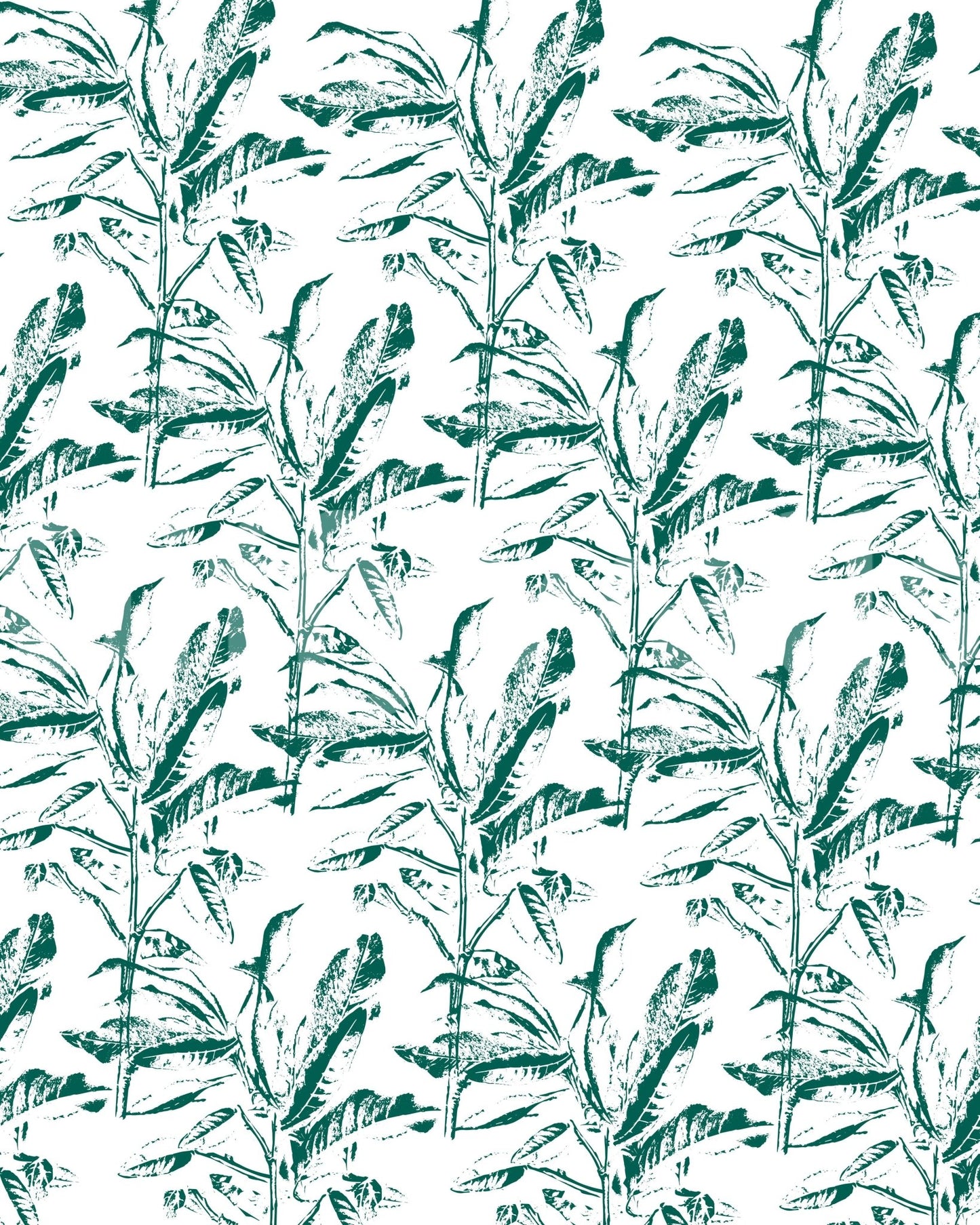 Vibrant, green botanical wall mural with artistic stamp effects