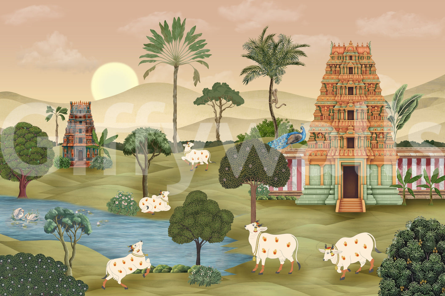 Wide view of Madhuban Moonlight mural covering a feature wall