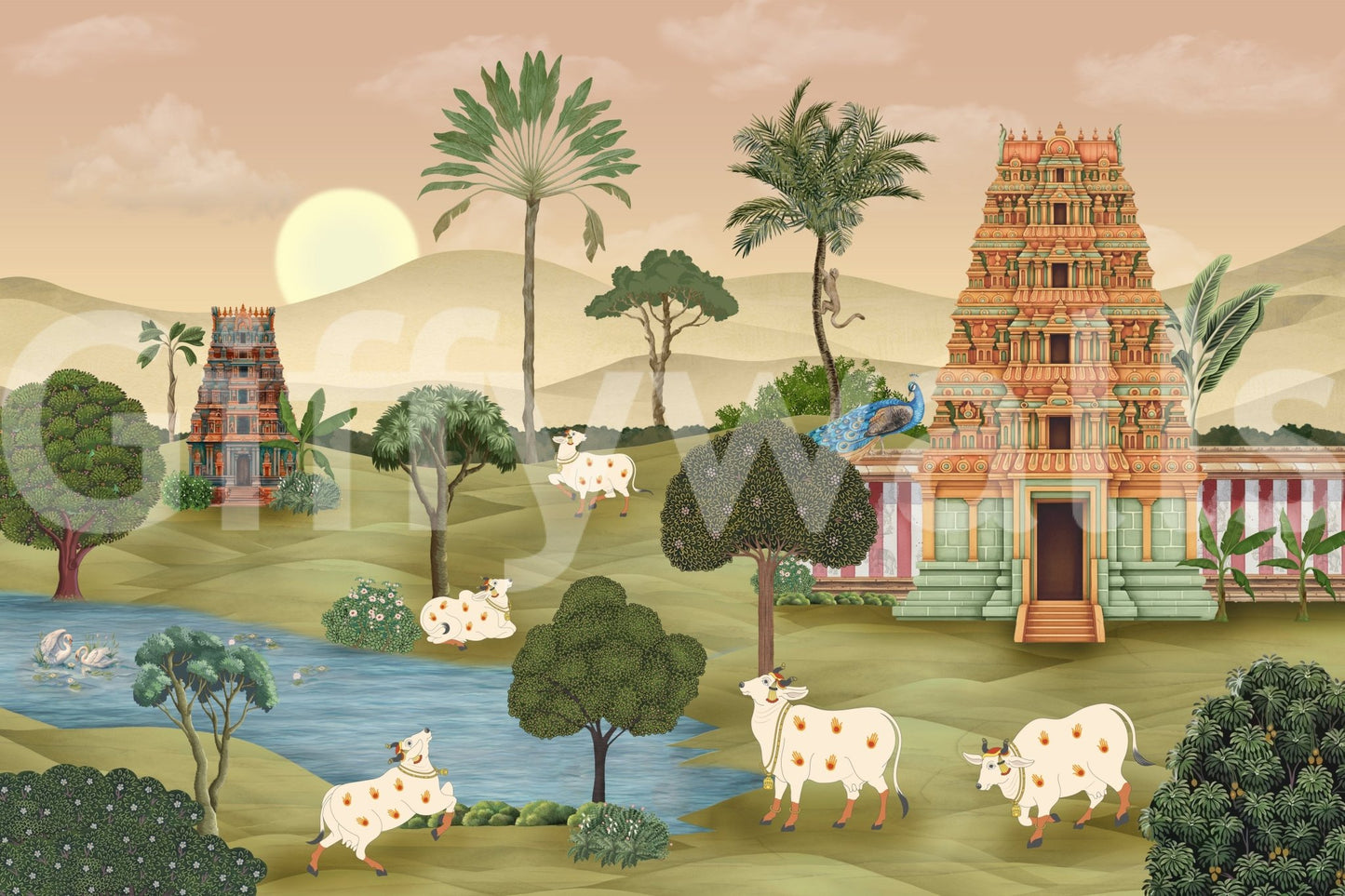 Wide view of Madhuban Moonlight mural covering a feature wall