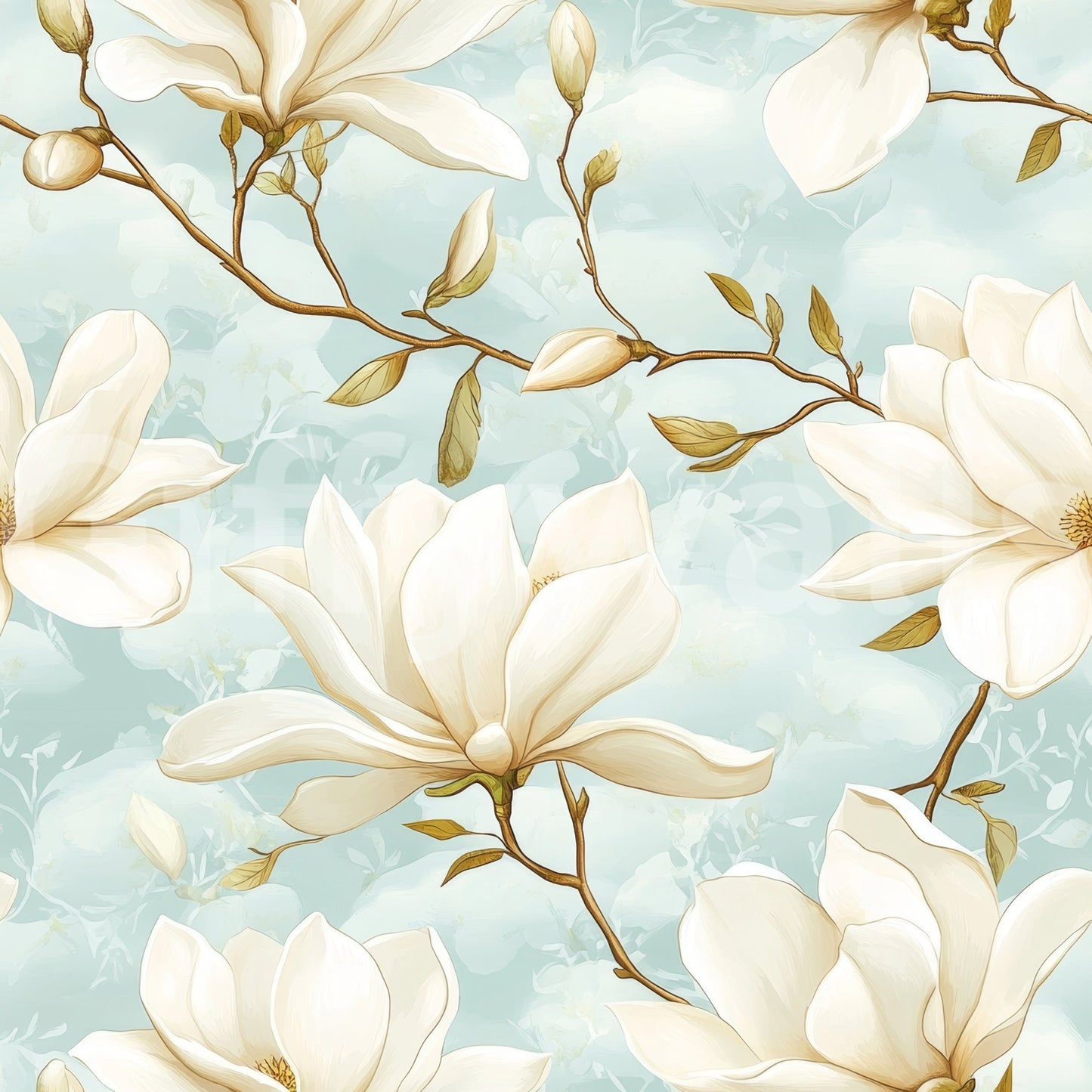 Soft-toned floral wallpaper mural with magnolia blossoms.