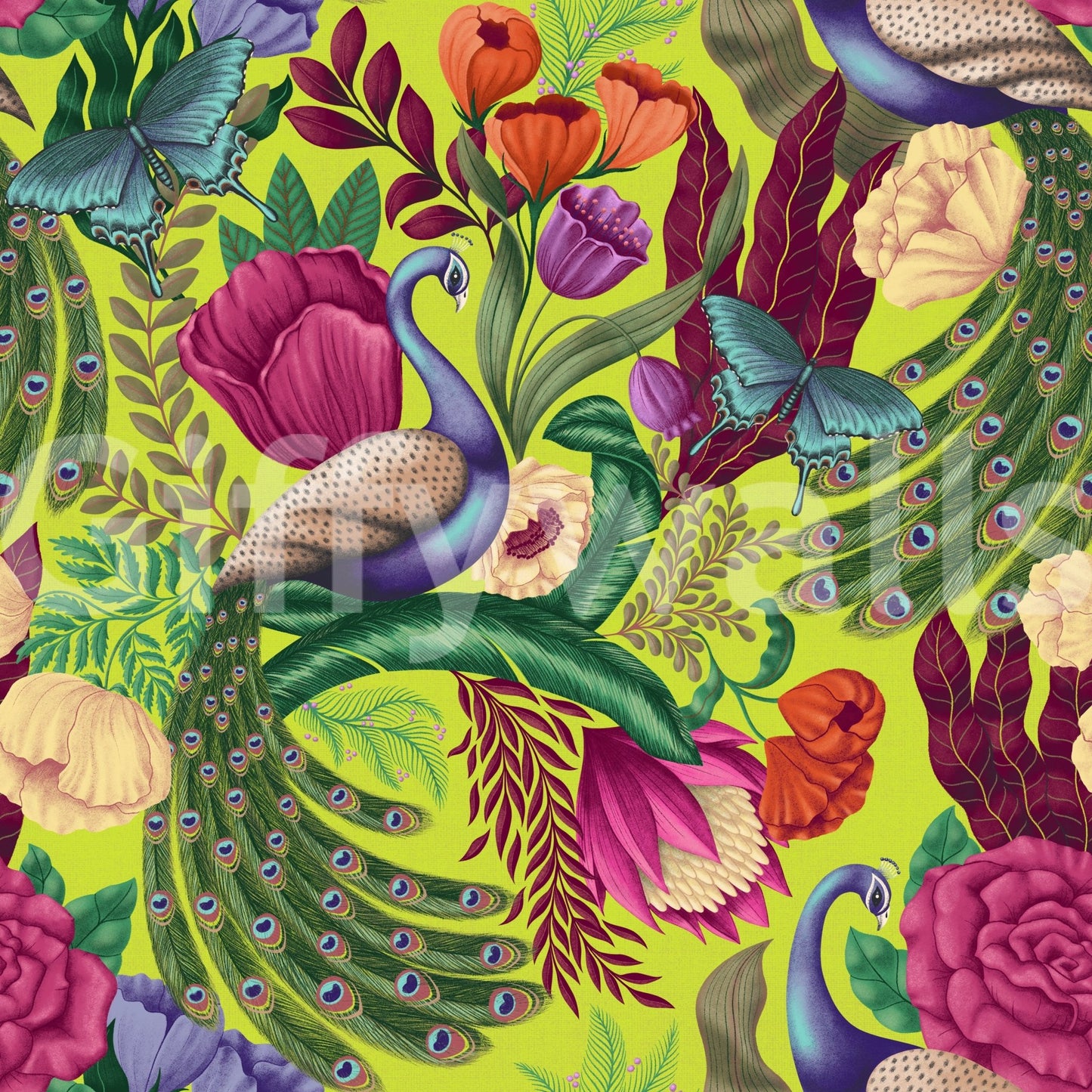 Neon green wallpaper with peacock feathers and layered flowers
