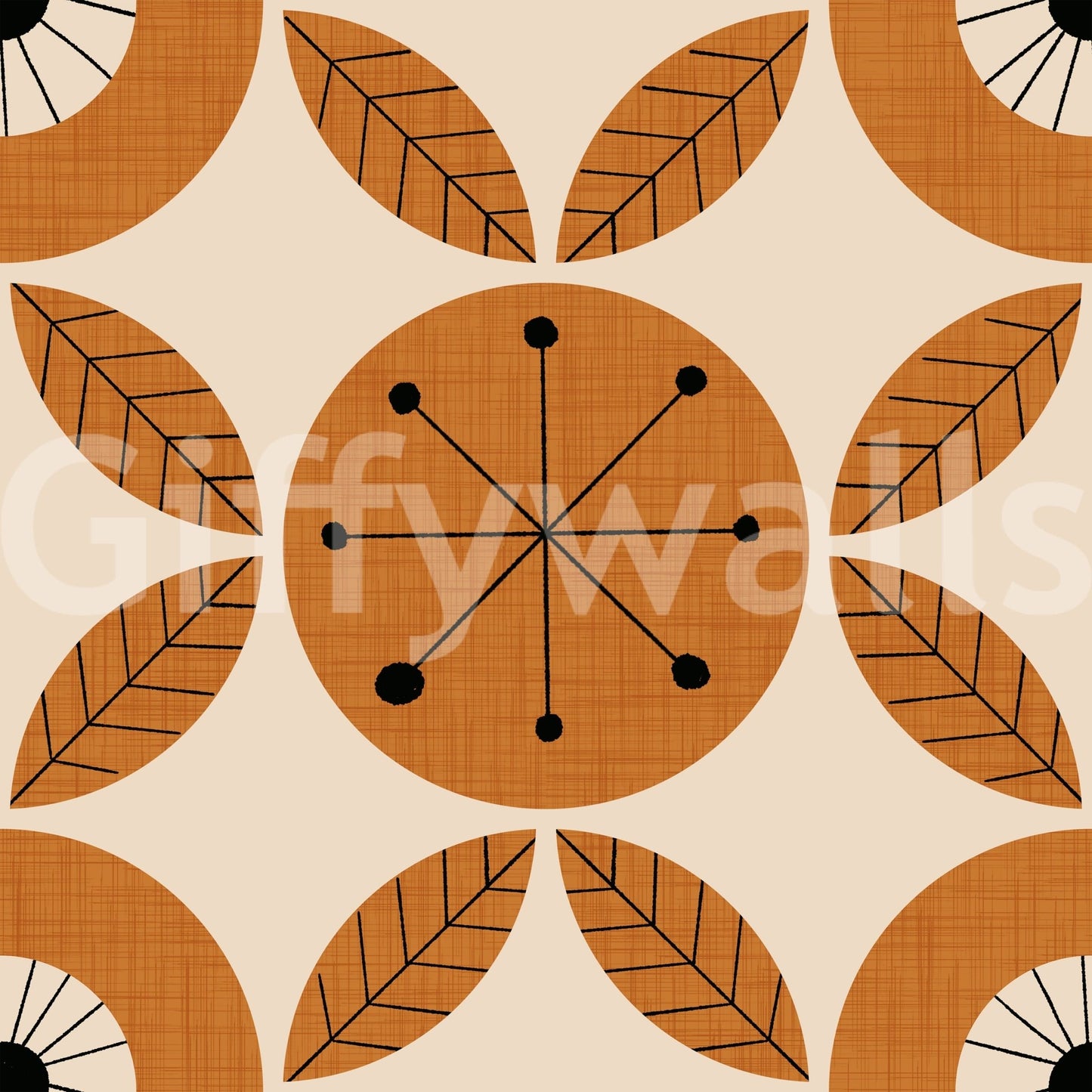 A stylish mid-century charm wallpaper with rhythmically arranged circles and leaf shapes.