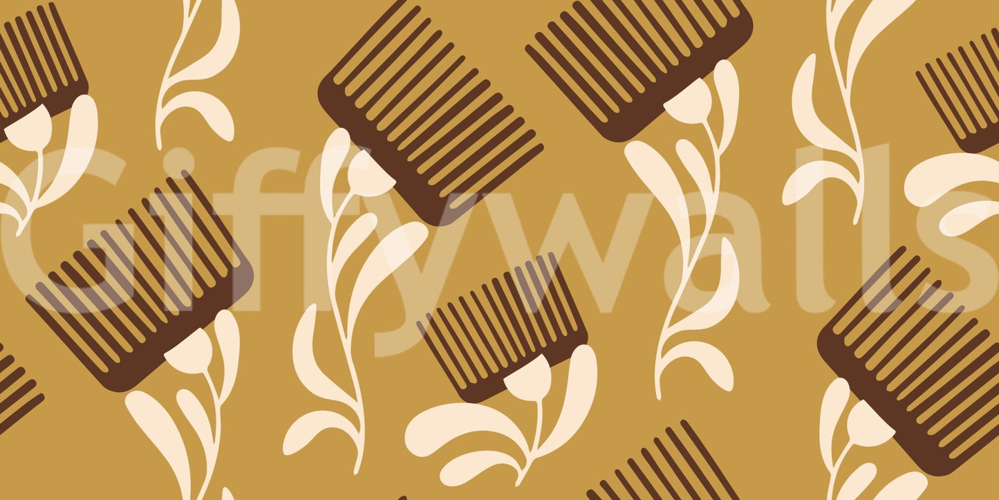 Mid Mod Wildflower Comb - Beige Ocher Wallpaper