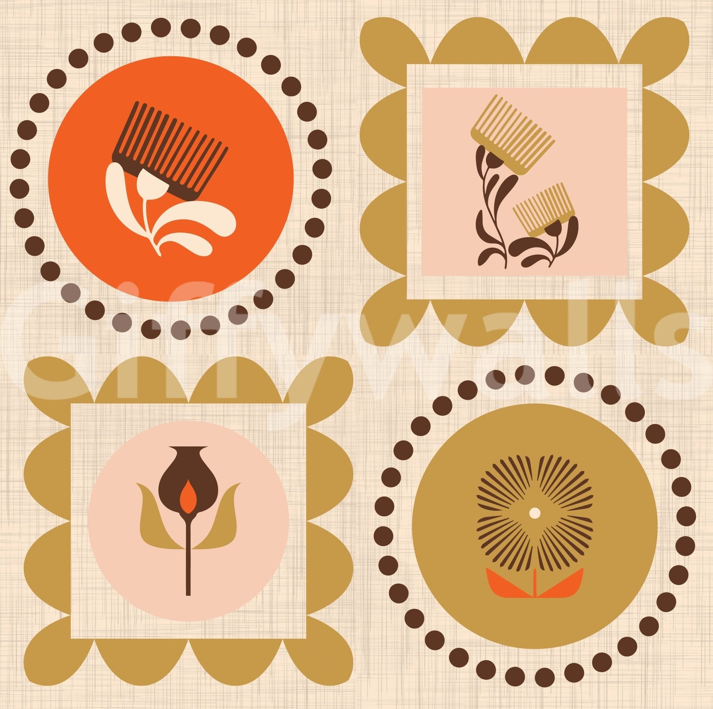 Mid Mod Wildflower Frames - Botanical Collage Terracotta Ocher Wallpaper