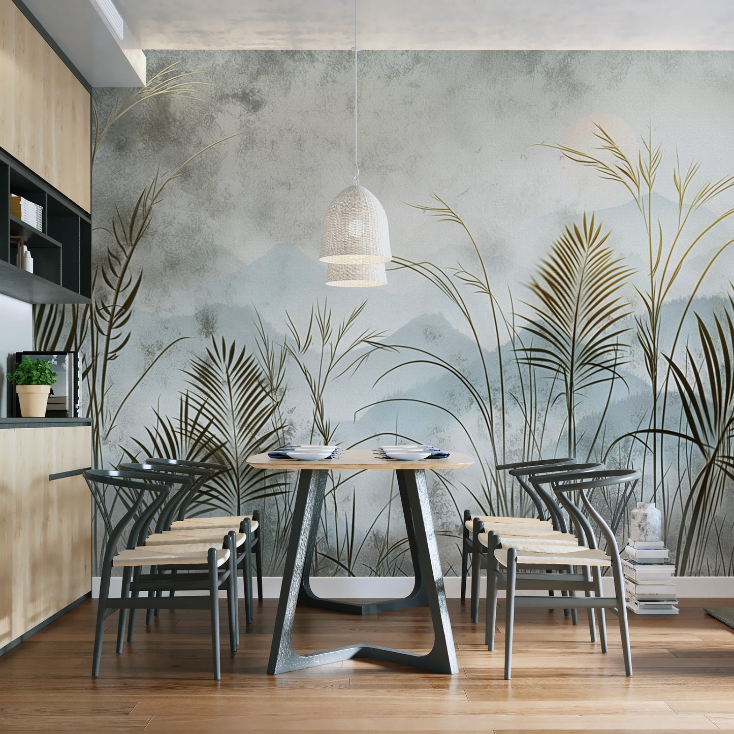 Modern nature-inspired wall mural with lush greenery