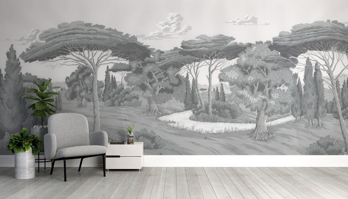 Misty forest mural with intricate tree illustrations
